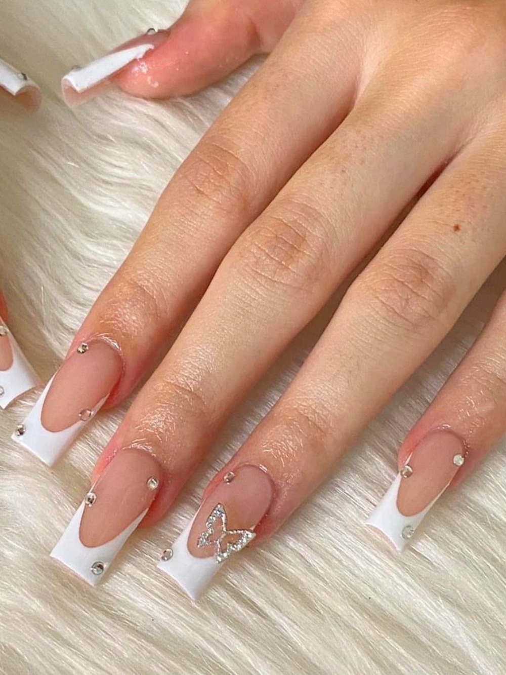Elegant White French Press-On Nails with Rhinestone Butterfly Accent